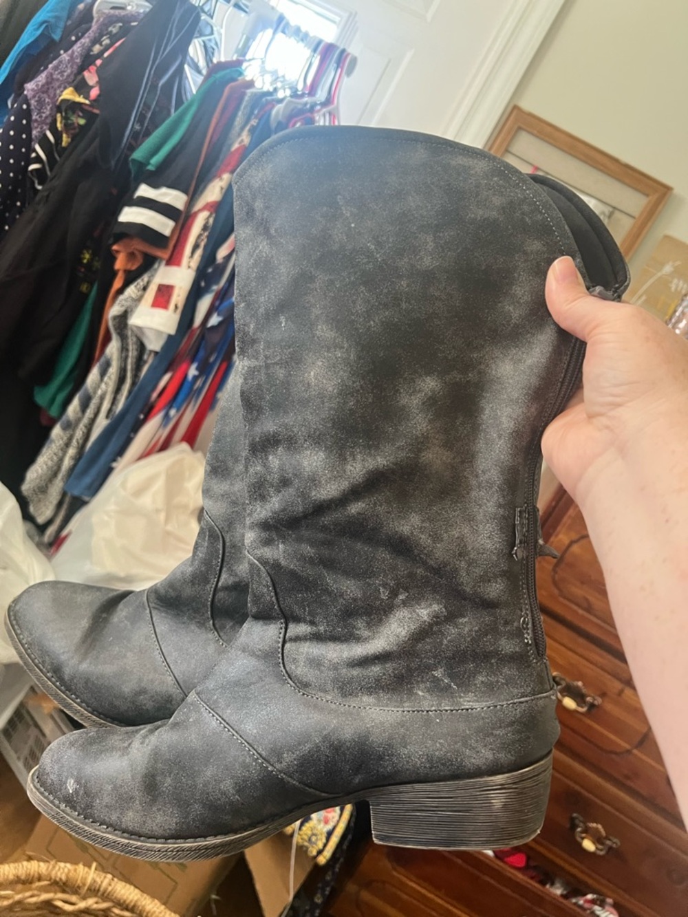 Women's Black Suede Heeled Mid-Calf Boots